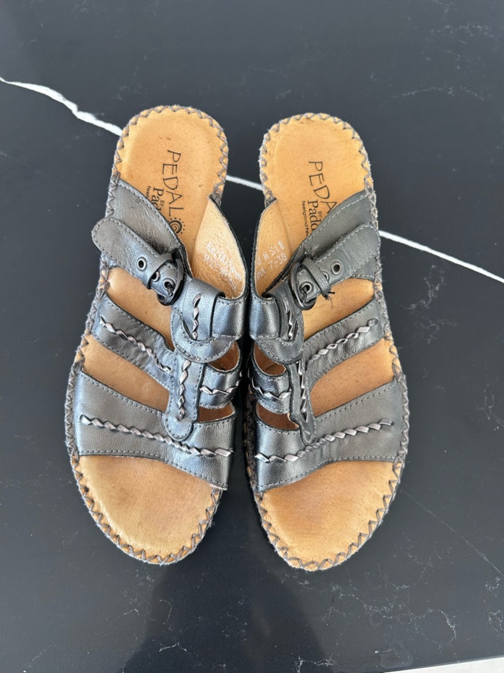 Pedalos by Padders Silver Metallic Leather Heeled Slide Sandals Minimal Mule